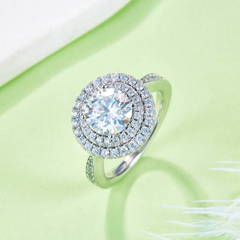 豪镶圆形S925银镀白金MoissaniteWomen's Ring2.0ctD级